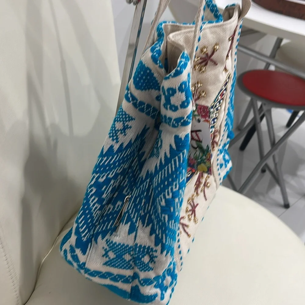 America & Beyond Cream/Blue/Turquoise Sparkly Beaded "Butterfly" Tote Bag - Picture 5 of 7
